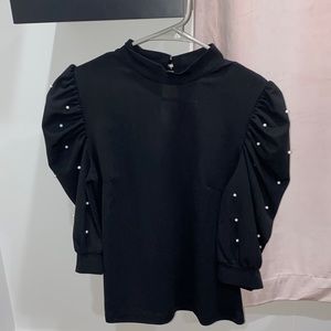 SHEIN Black Blouse with Puffy Long-sleeve with pearls, size medium, NEVER WORN